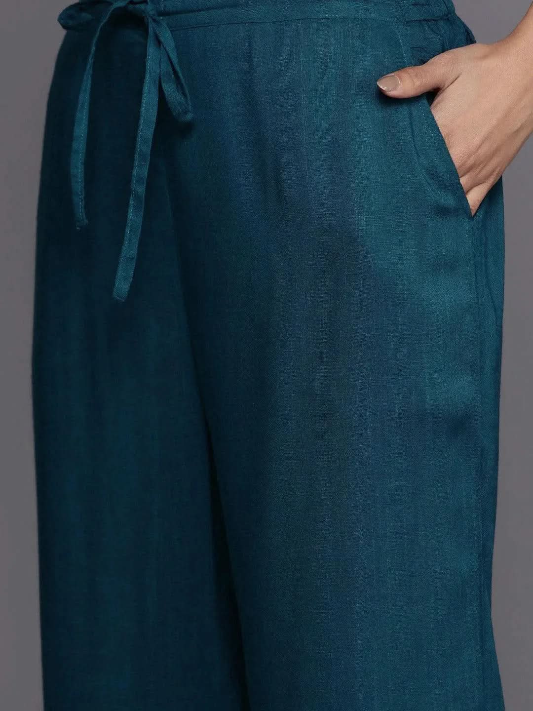 

Teal Yoke Design Rayon A-Line Kurta With Trousers & Dupatta