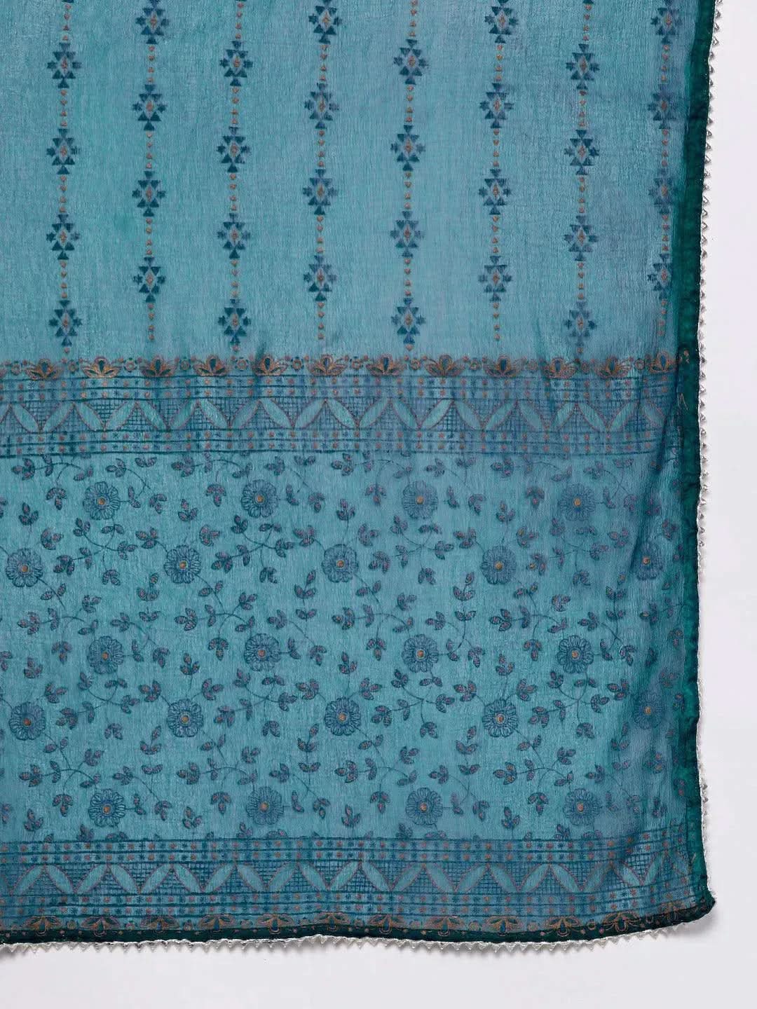 Teal Yoke Design Rayon Suit Set With Trousers - Libas 