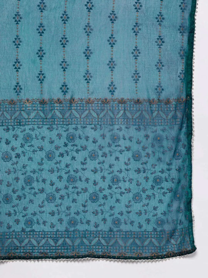 Teal Yoke Design Rayon Suit Set With Trousers - Libas