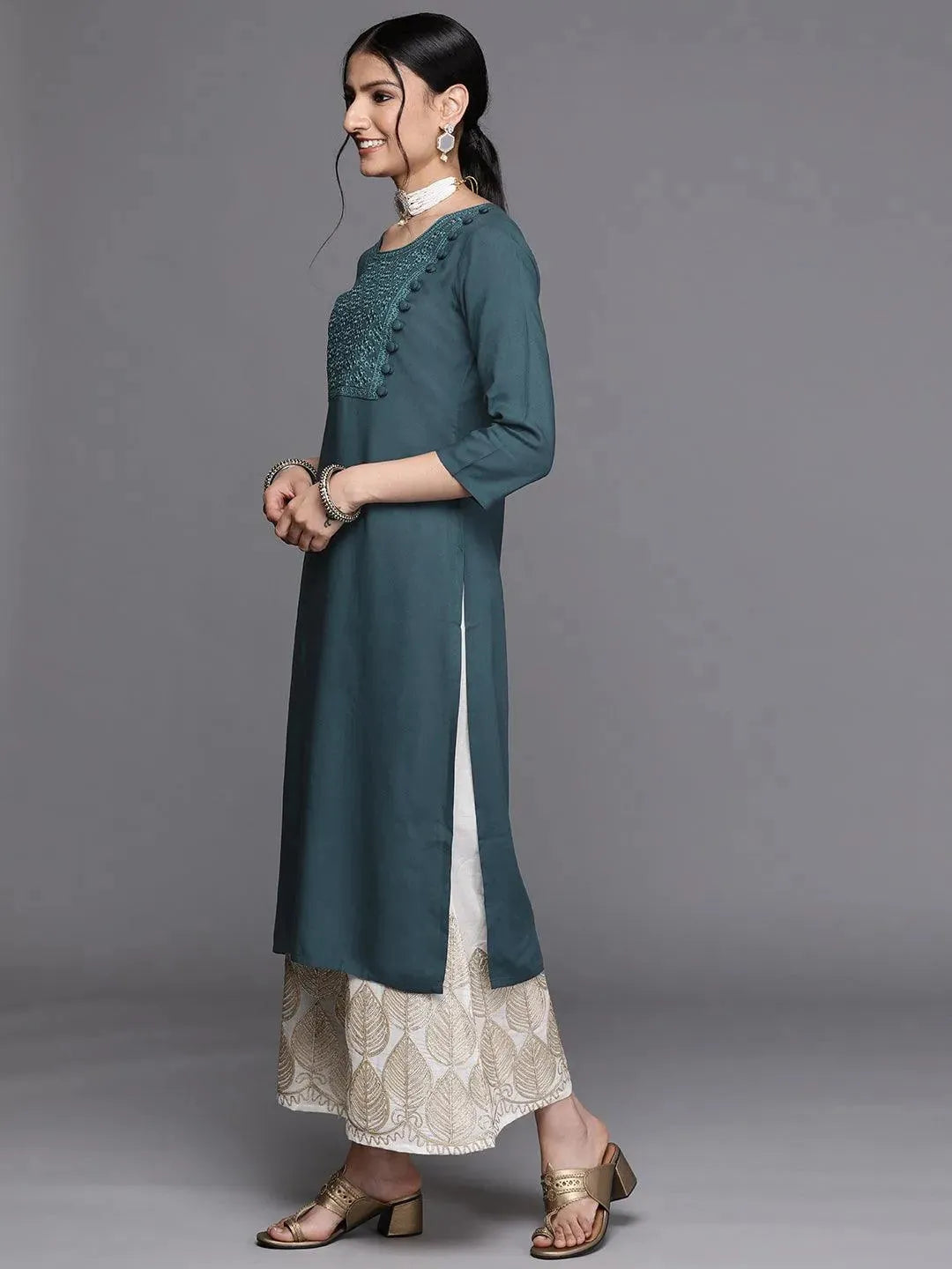 Teal Yoke Design Rayon Kurta - Libas