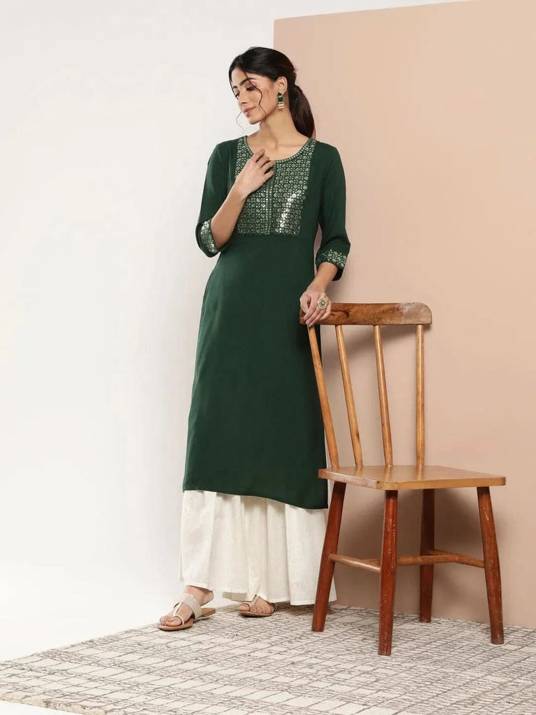 Libas Teal Yoke Design Rayon Straight Kurta