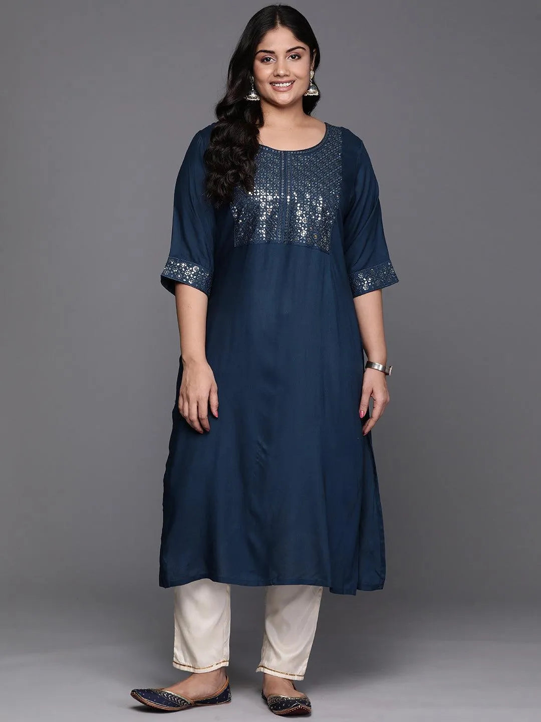 Teal Yoke Design Rayon Straight Kurta - Libas 