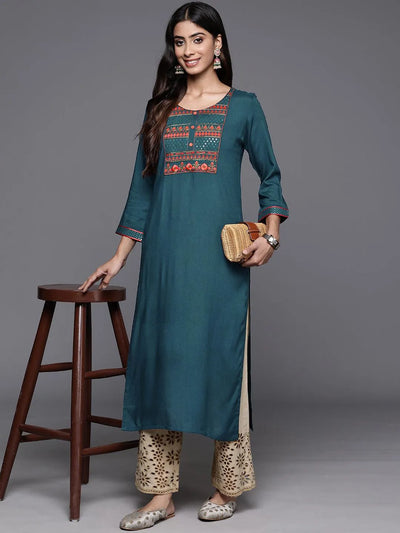 Teal Yoke Design Rayon Straight Kurta - Libas