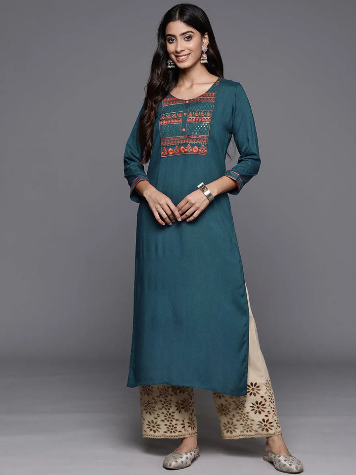 Teal Yoke Design Rayon Straight Kurta - Libas