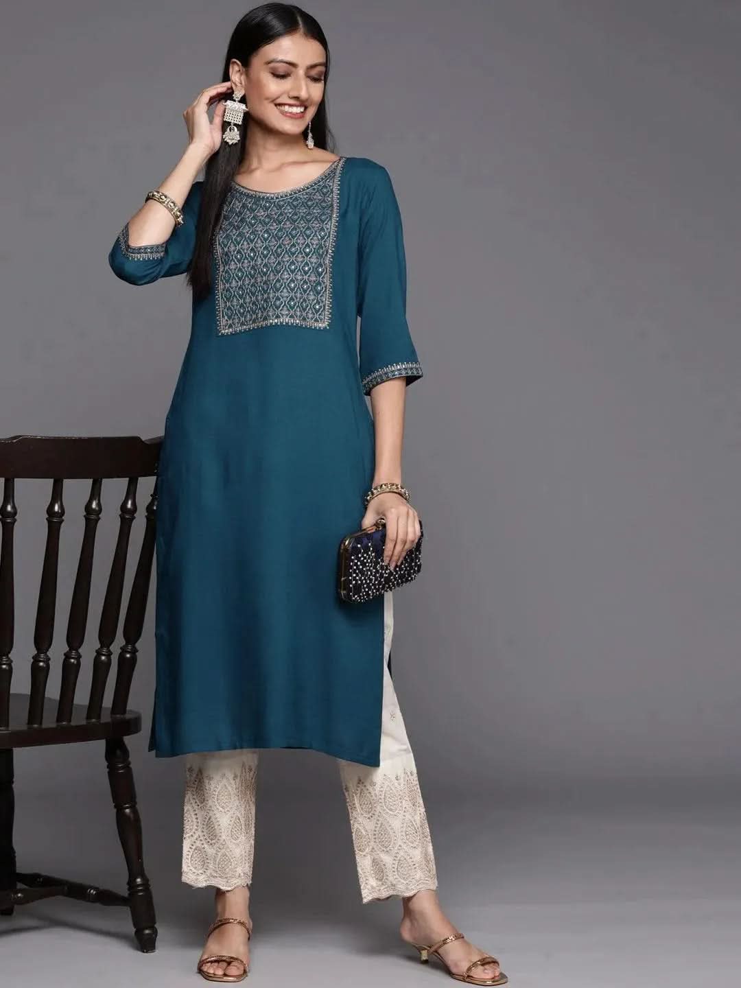 Teal Yoke Design Rayon Straight Kurta - Libas 