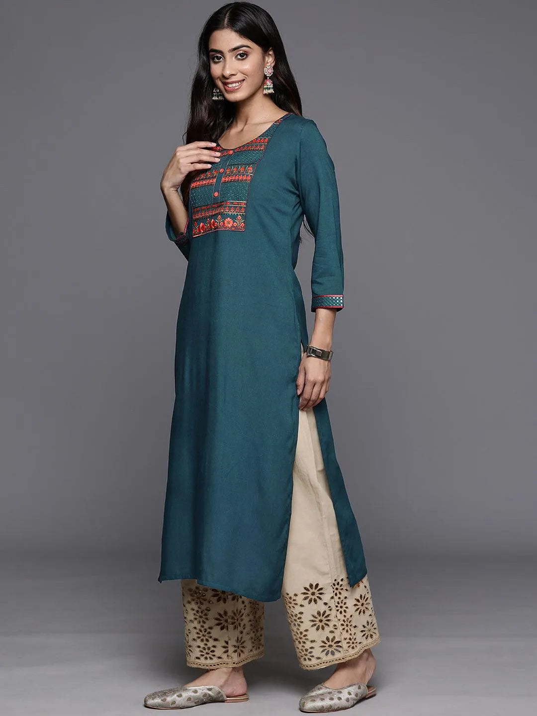 Teal Yoke Design Rayon Straight Kurta - Libas