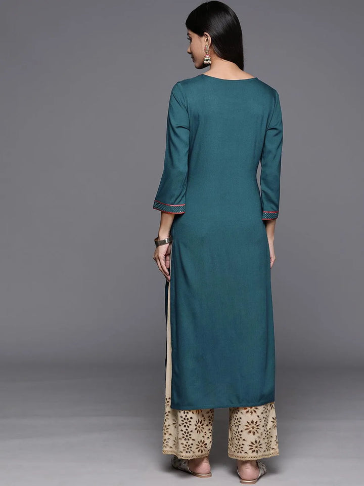 Teal Yoke Design Rayon Straight Kurta - Libas