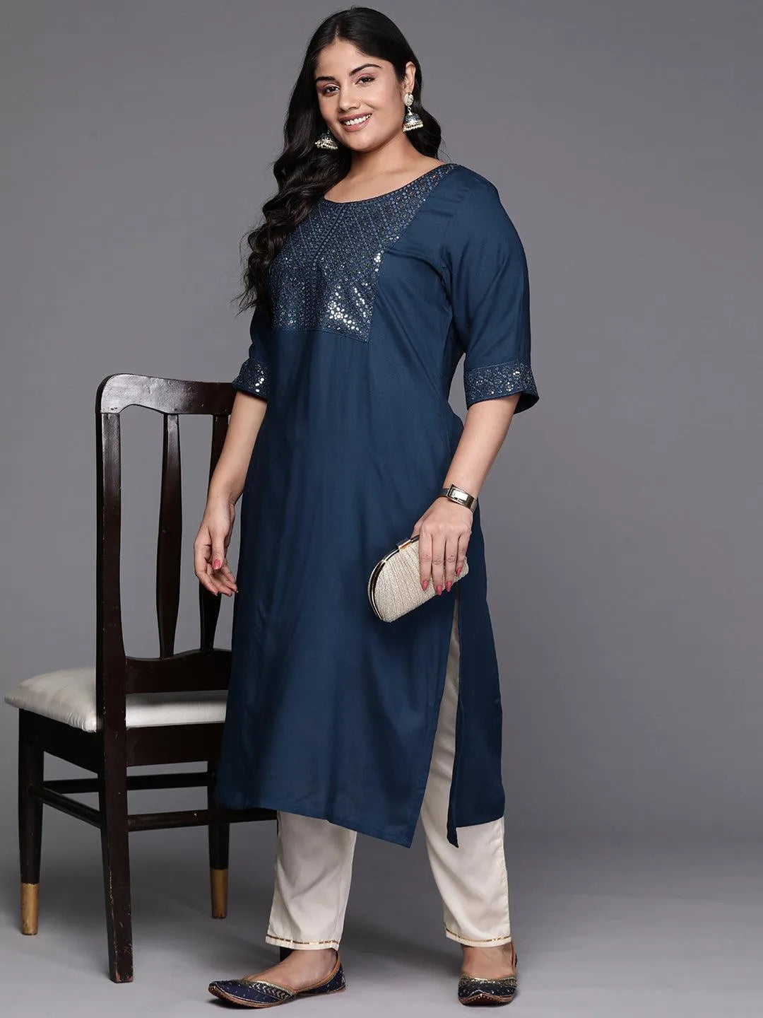 Teal Yoke Design Rayon Straight Kurta - Libas 
