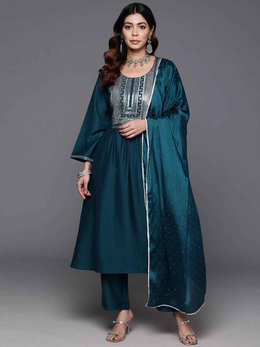 Teal Yoke Design Silk Blend A-Line Kurta With Trousers & Dupatta - Libas 