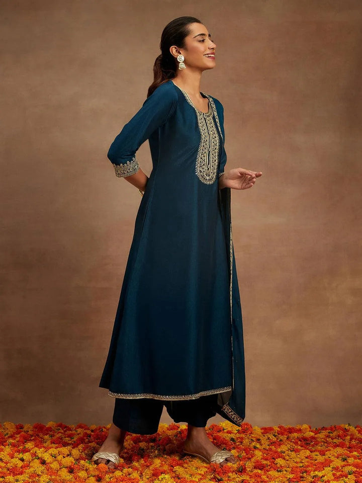 Teal Yoke Design Silk Blend A-Line Kurta With Trousers & Dupatta - Libas