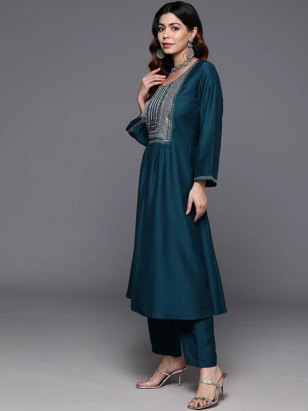 Teal Yoke Design Silk Blend A-Line Kurta With Trousers & Dupatta - Libas 