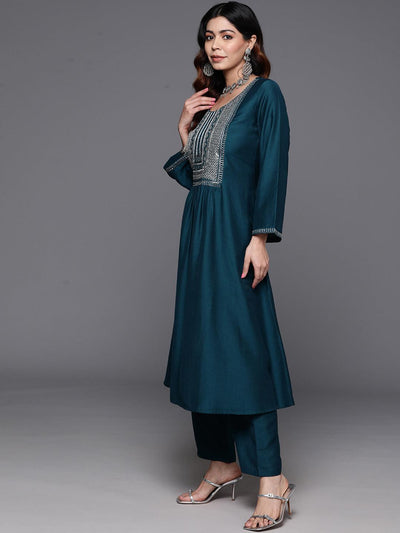 Teal Yoke Design Silk Blend A-Line Kurta With Trousers & Dupatta - Libas