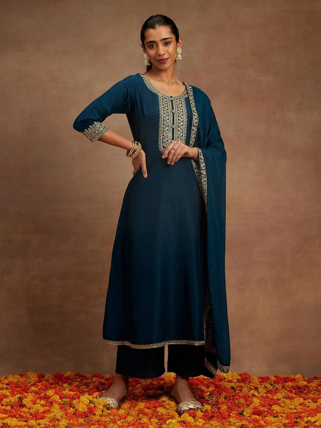 Teal Yoke Design Silk Blend A-Line Kurta With Trousers & Dupatta - Libas