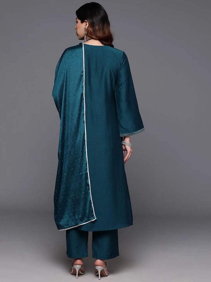 Teal Yoke Design Silk Blend A-Line Kurta With Trousers & Dupatta - Libas