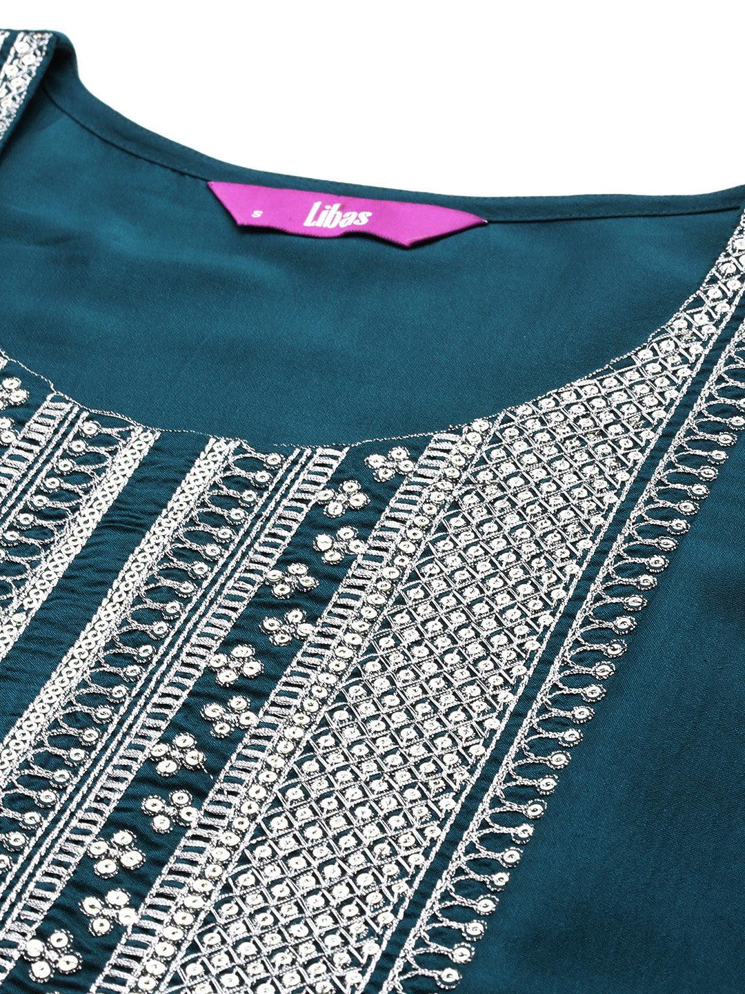 Teal Yoke Design Silk Blend A-Line Kurta With Trousers & Dupatta