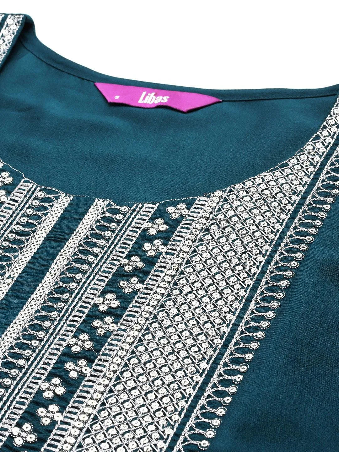 Teal Yoke Design Silk Blend A-Line Kurta With Trousers & Dupatta - Libas 