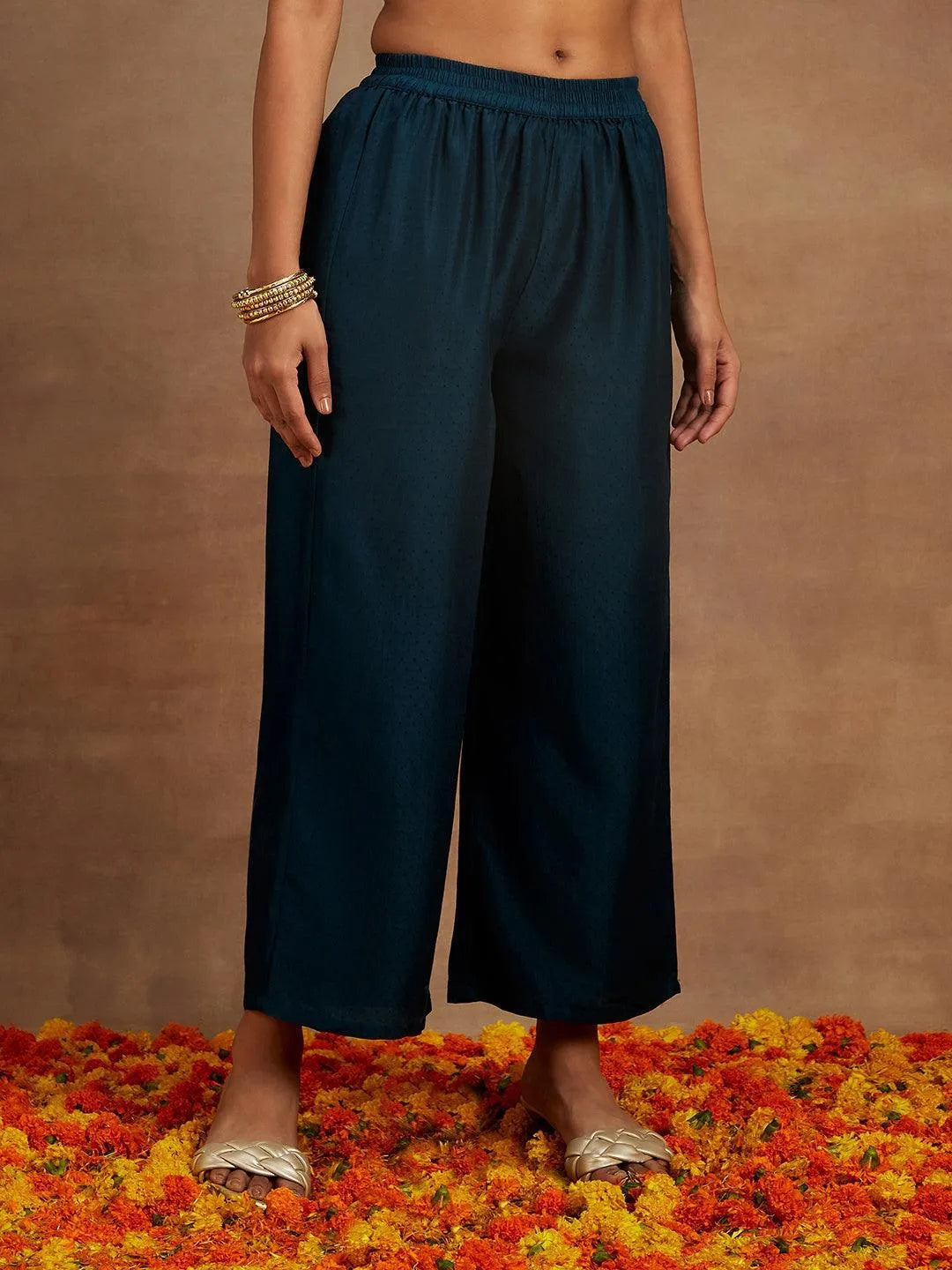 Teal Yoke Design Silk Blend A-Line Kurta With Trousers & Dupatta - Libas 