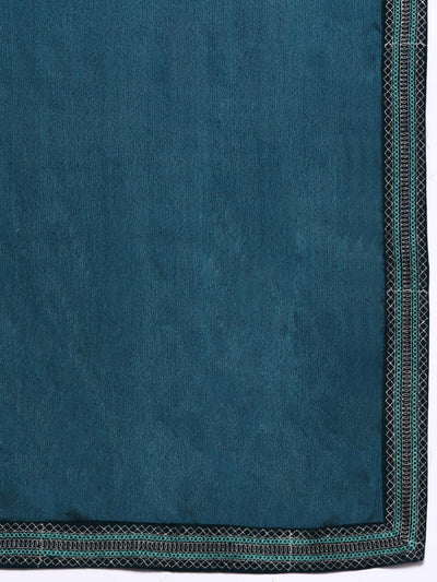 Teal Yoke Design Silk Blend A-Line Kurta With Trousers & Dupatta - Libas