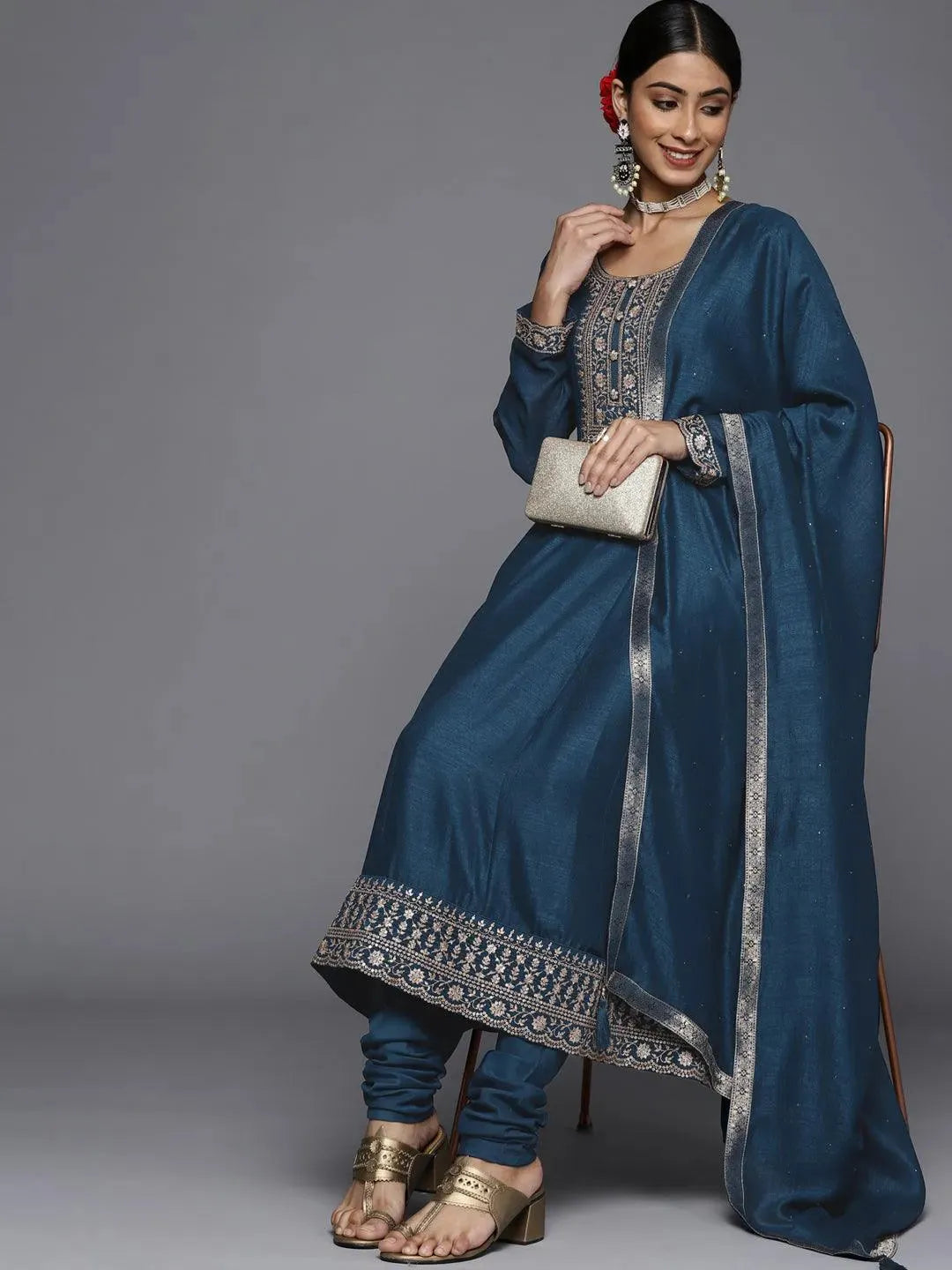 Teal Yoke Design Silk Blend Anarkali Suit Set - Libas 
