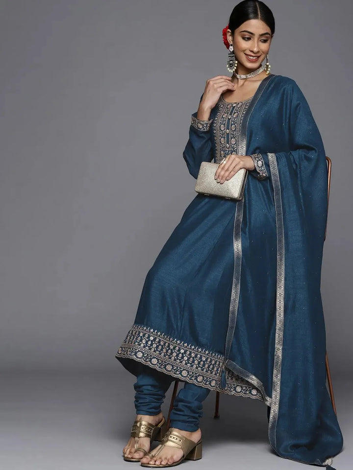 Teal Yoke Design Silk Blend Anarkali Suit Set - Libas