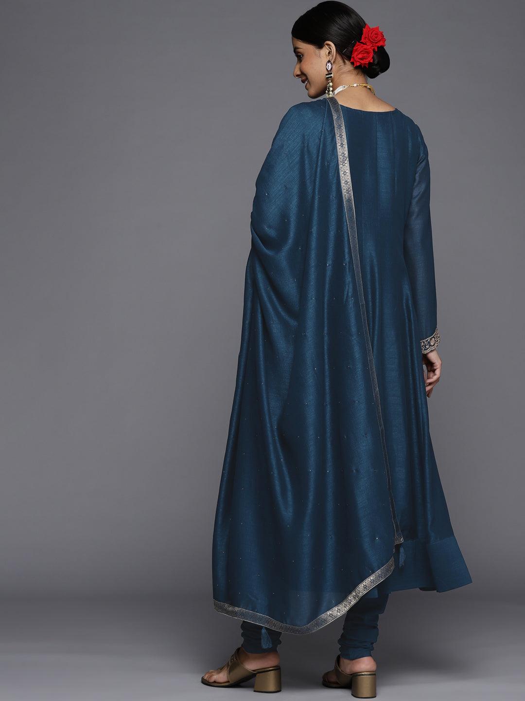 Teal Yoke Design Silk Blend Anarkali Suit Set - Libas