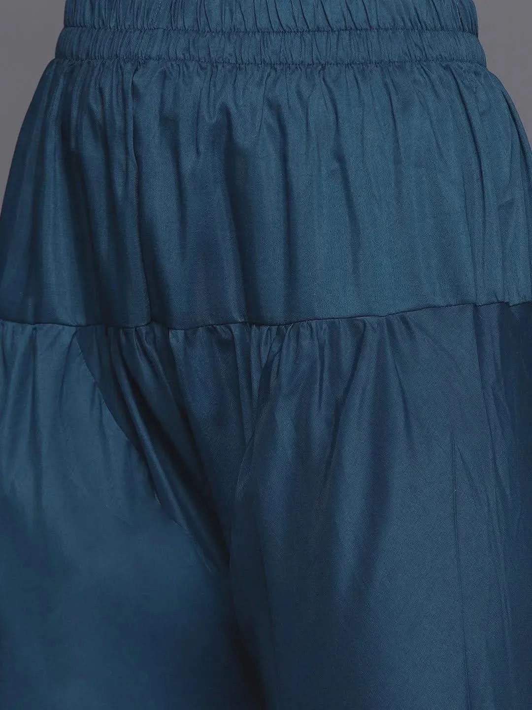 

Teal Yoke Design Silk Blend Anarkali Kurta With Churidar & Dupatta