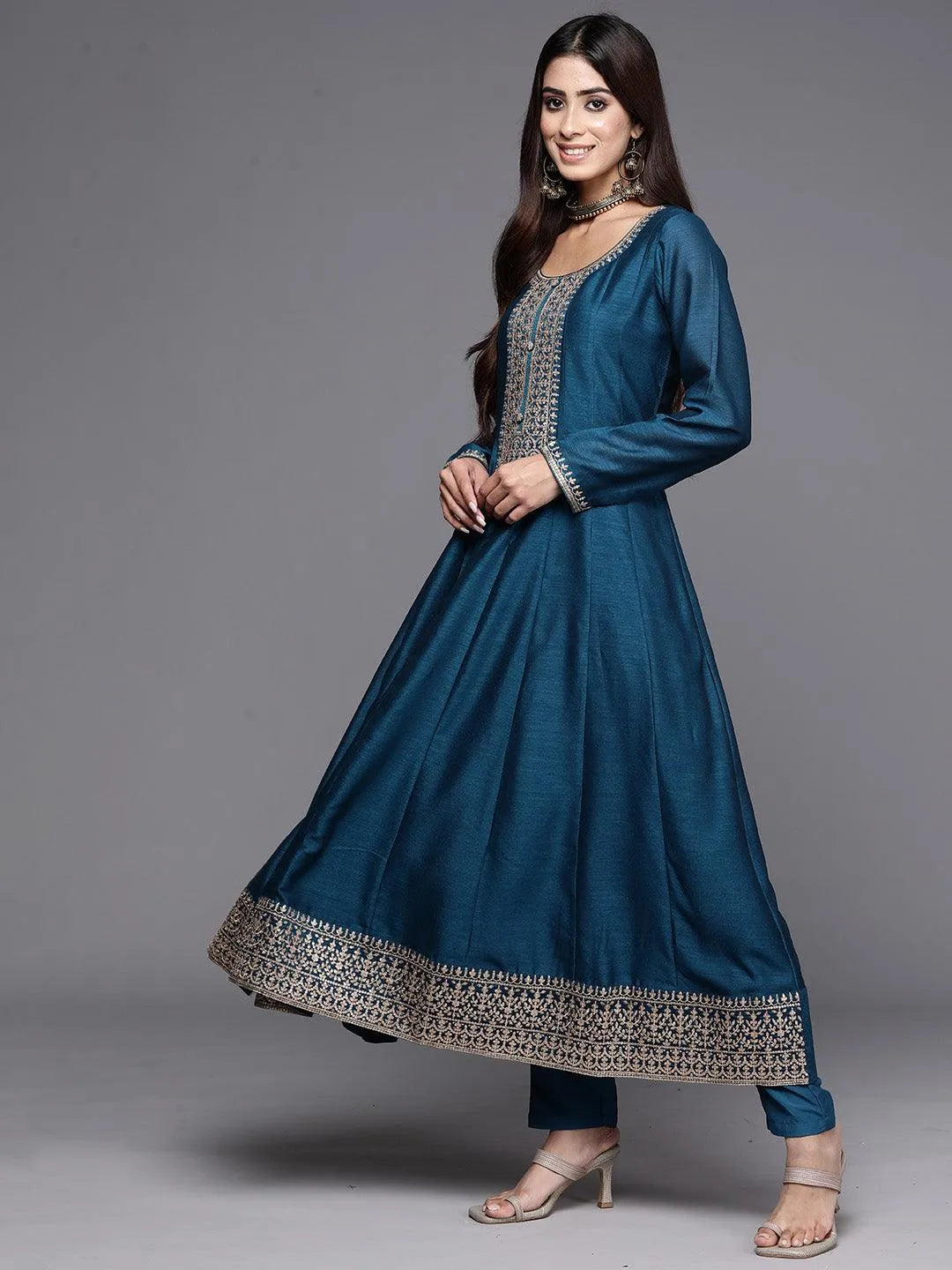 Teal Yoke Design Silk Blend Anarkali Kurta With Trousers & Dupatta - Libas