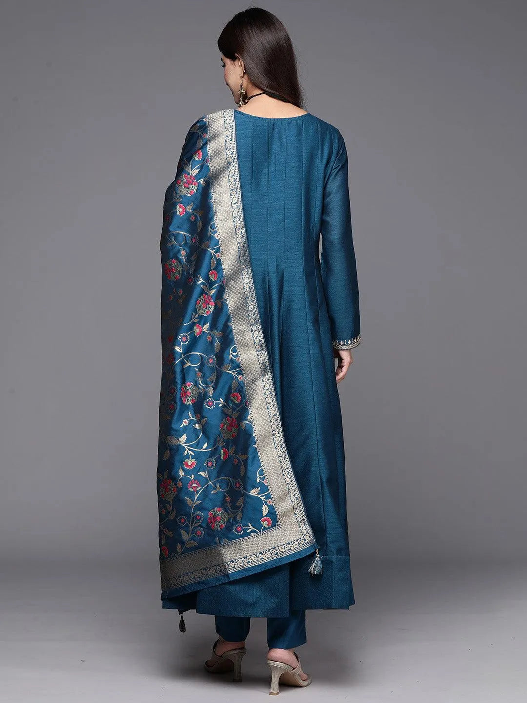 Teal Yoke Design Silk Blend Anarkali Kurta With Trousers & Dupatta - Libas 
