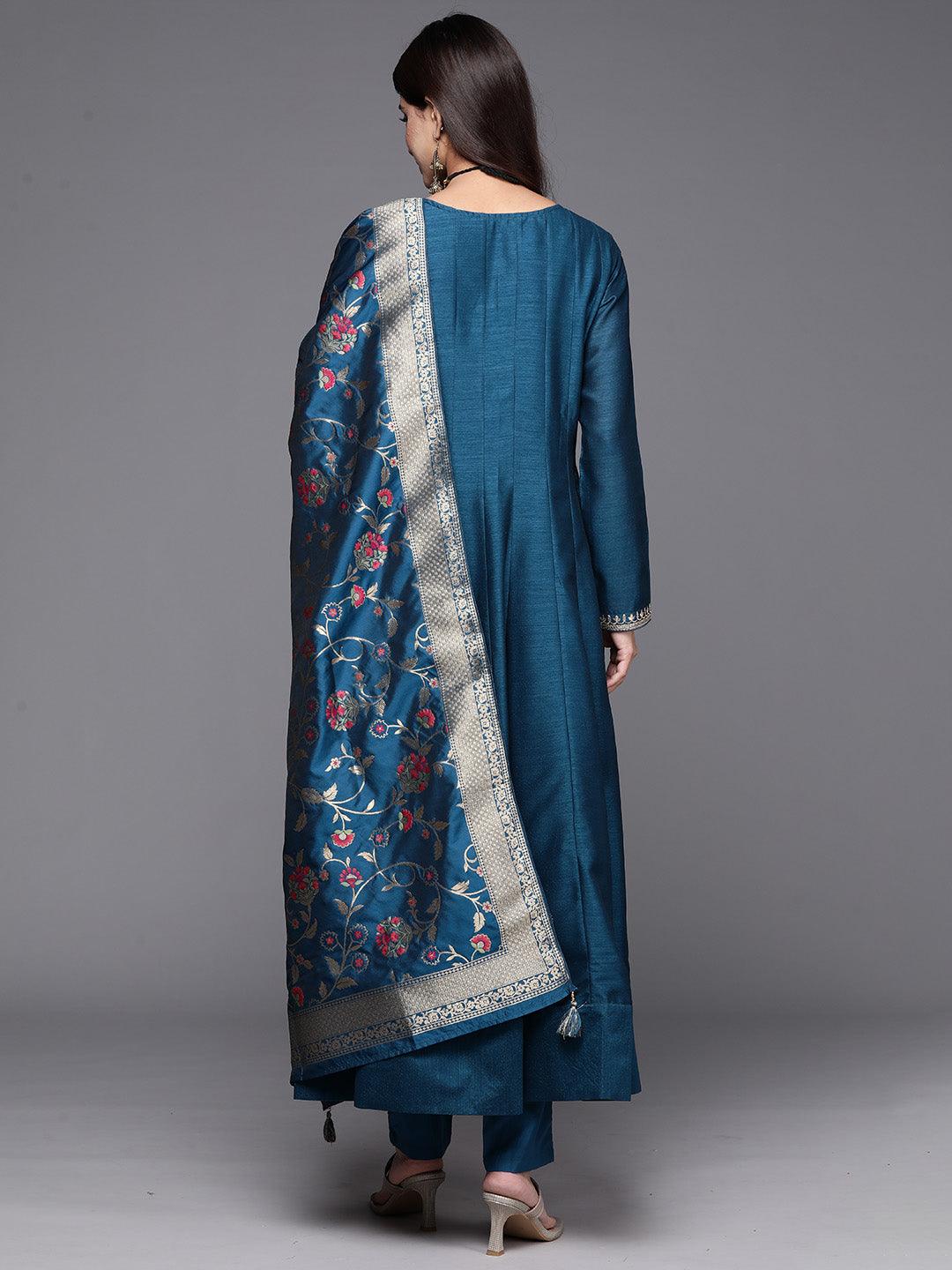 Teal Yoke Design Silk Blend Anarkali Kurta With Trousers & Dupatta - Libas