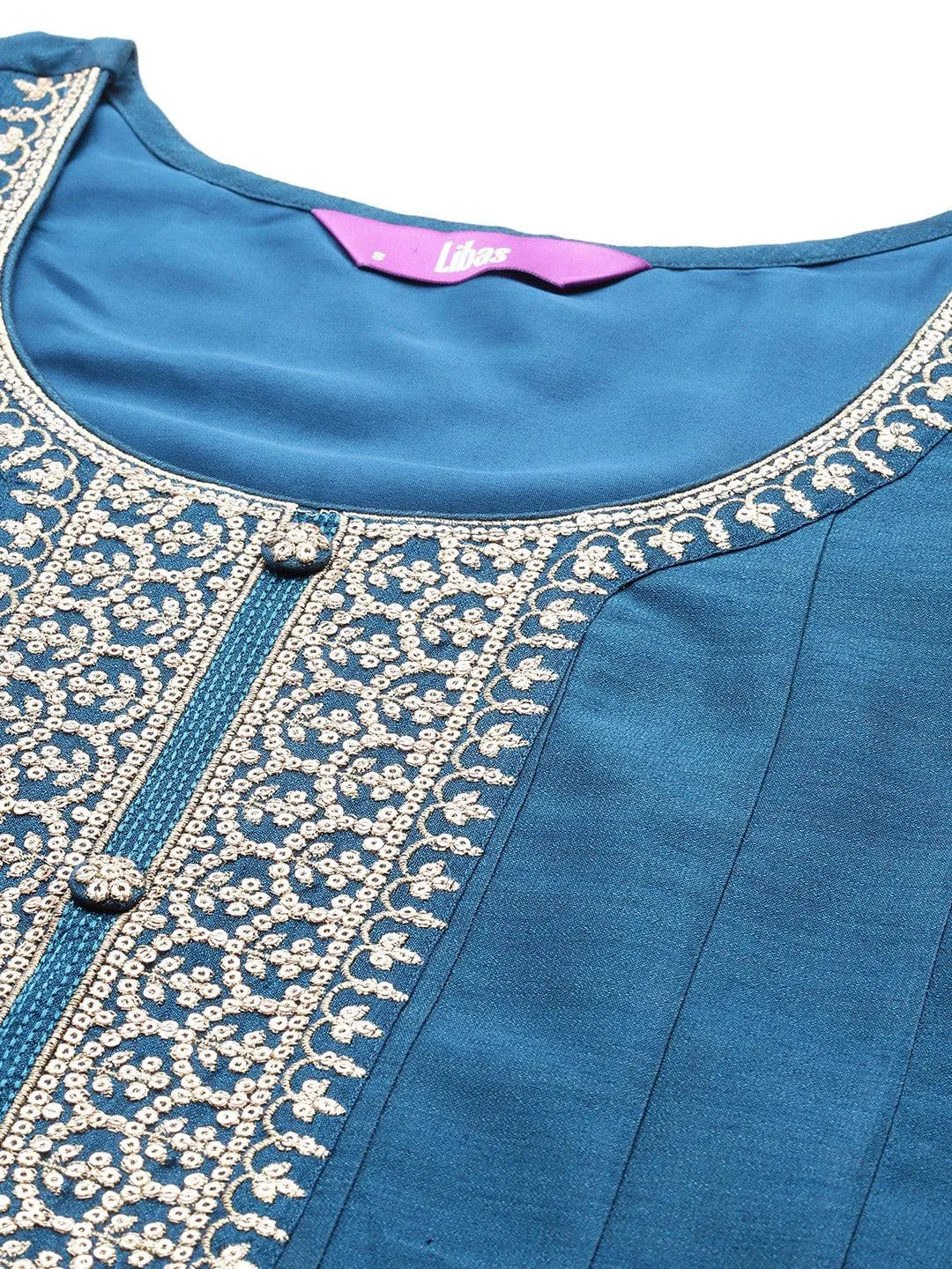 Teal Yoke Design Silk Blend Anarkali Kurta With Trousers & Dupatta - Libas 