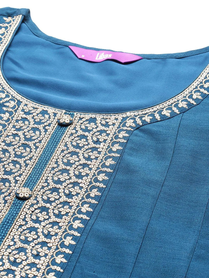 Teal Yoke Design Silk Blend Anarkali Kurta With Trousers & Dupatta - Libas