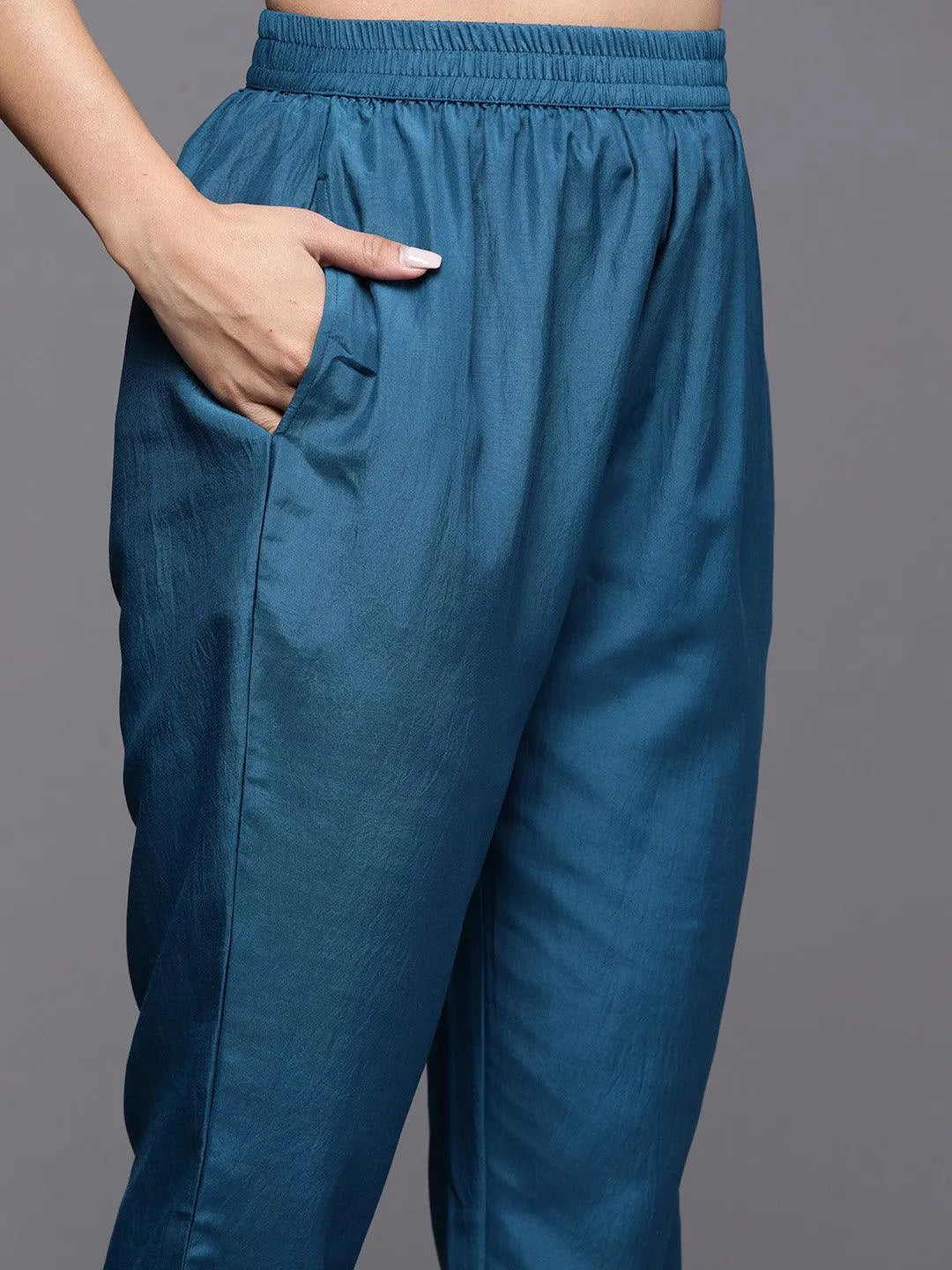 Teal Yoke Design Silk Blend Anarkali Kurta With Trousers & Dupatta - Libas 