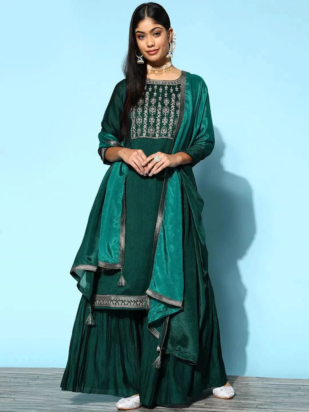 

Teal Yoke Design Silk Blend Straight Kurta With Sharara & Dupatta