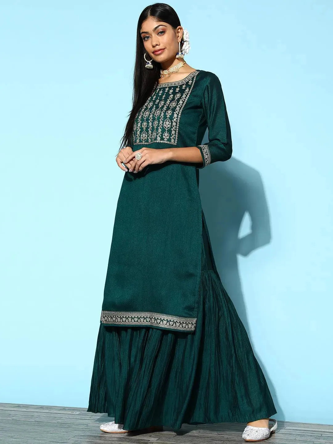 Teal Yoke Design Silk Blend Straight Suit Set - Libas