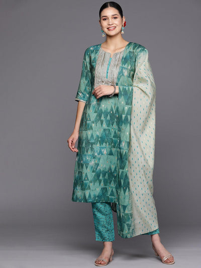 Teal Yoke Design Silk Blend Straight Suit Set With Trousers - Libas
