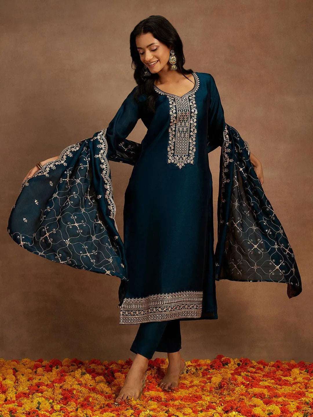 Teal Yoke Design Silk Blend Straight Suit With Dupatta