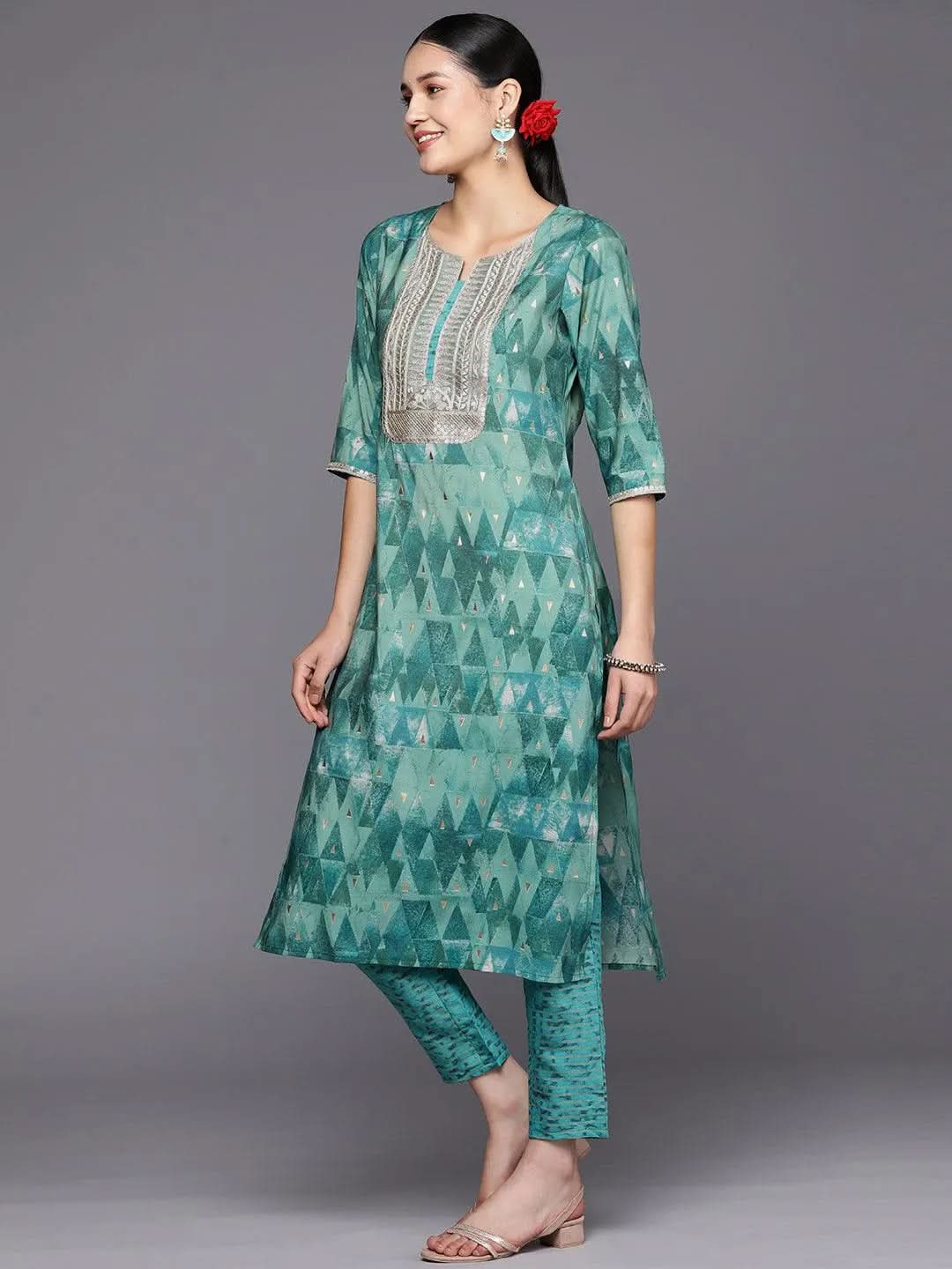 Teal Yoke Design Silk Blend Straight Suit Set With Trousers - Libas 