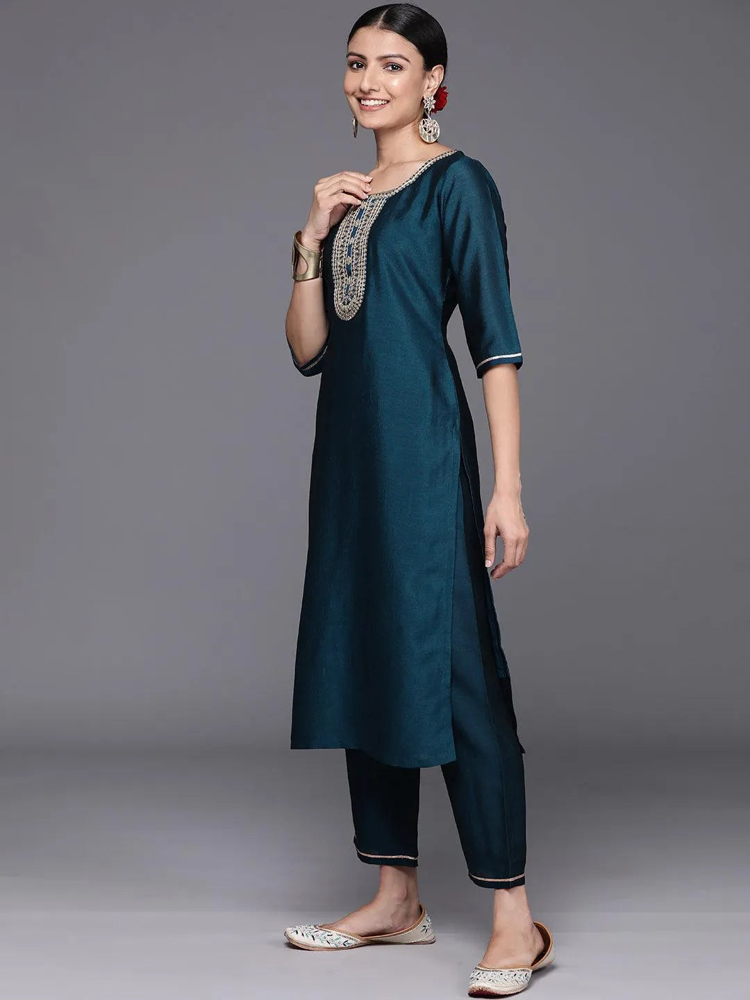 Teal Yoke Design Silk Blend Straight Kurta With Trousers & Dupatta - Libas 