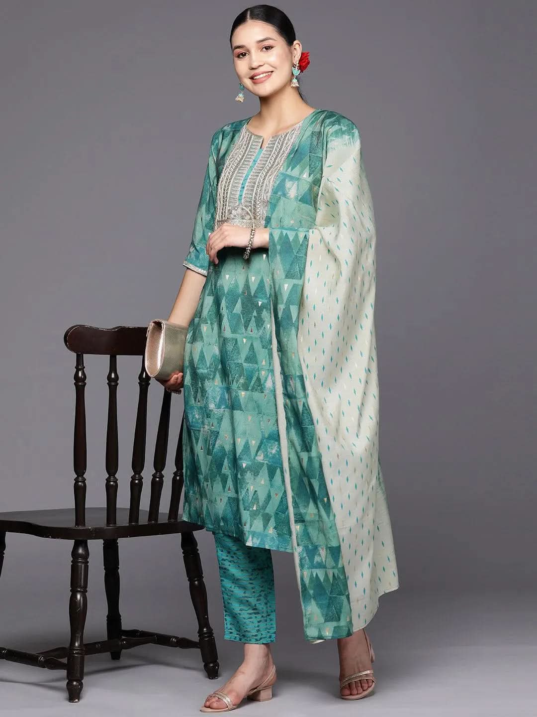 Teal Yoke Design Silk Blend Straight Suit Set With Trousers - Libas 