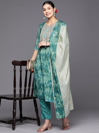 Teal Yoke Design Silk Blend Straight Suit Set With Trousers - Libas