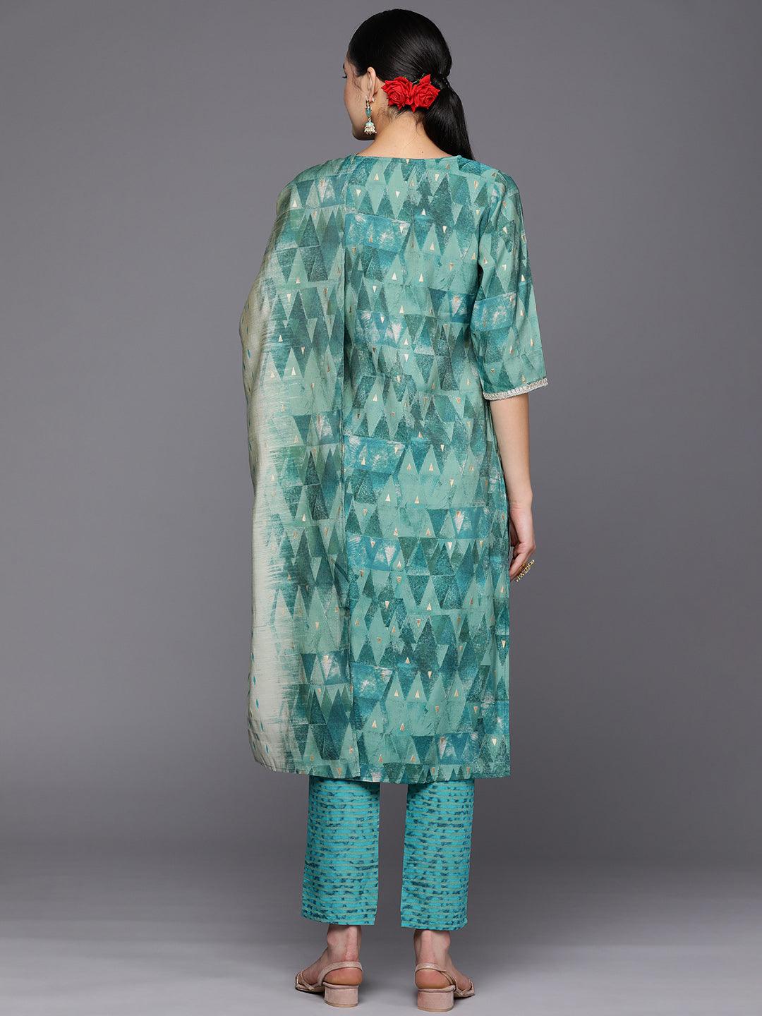Teal Yoke Design Silk Blend Straight Kurta With Trousers & Dupatta