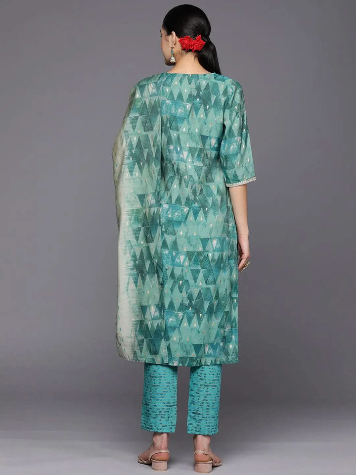 Teal Yoke Design Silk Blend Straight Suit Set With Trousers - Libas