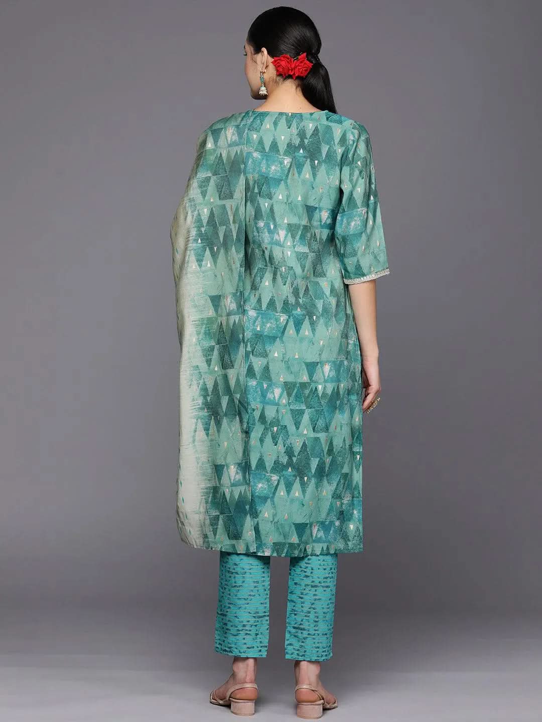 

Teal Yoke Design Silk Blend Straight Kurta With Trousers & Dupatta