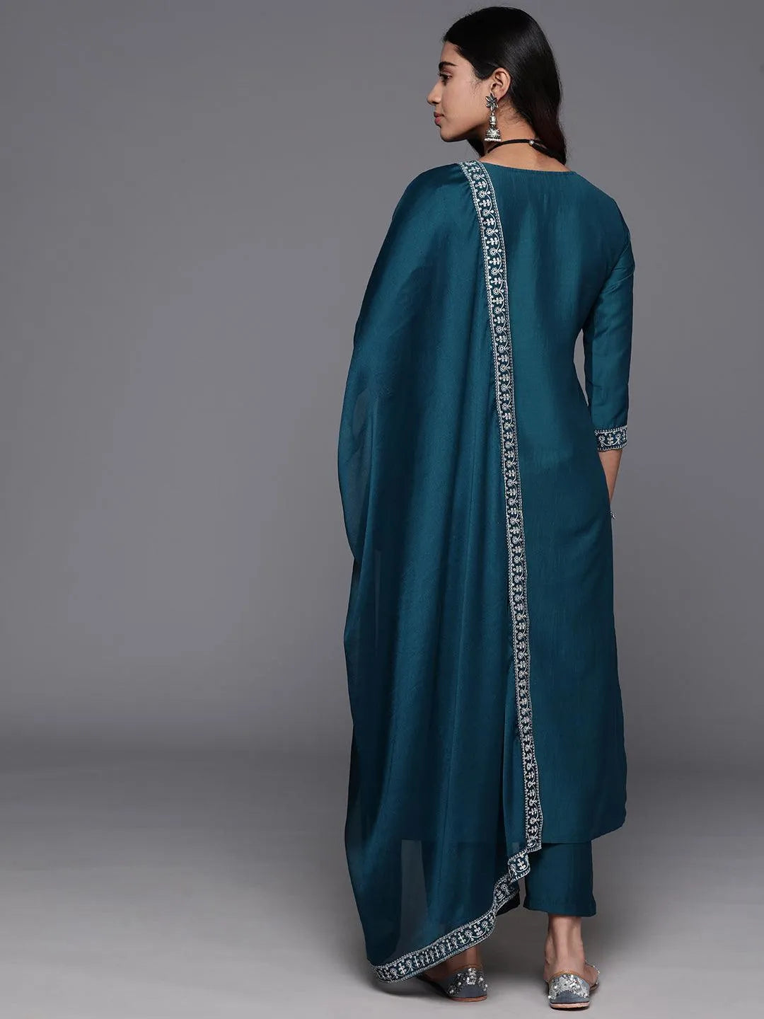 Teal Yoke Design Silk Blend Straight Kurta With Trousers & Dupatta - Libas 