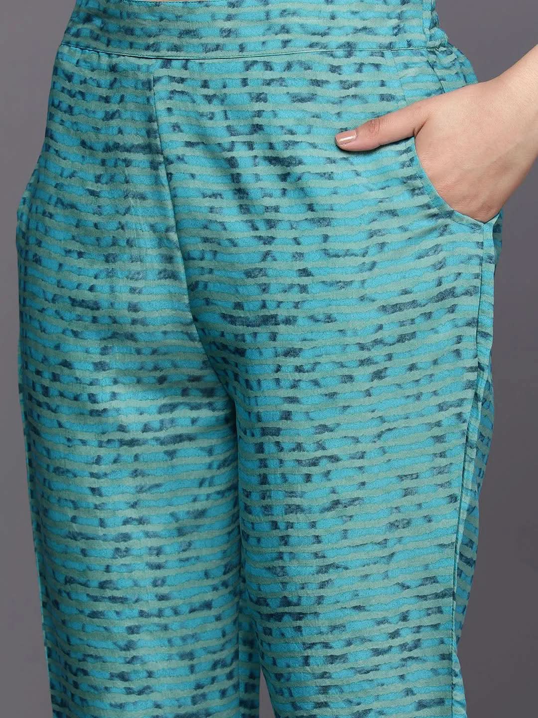 Teal Yoke Design Silk Blend Straight Suit Set With Trousers - Libas 
