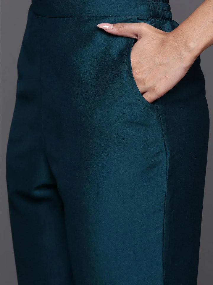 Teal Yoke Design Silk Blend Straight Kurta With Trousers & Dupatta - Libas