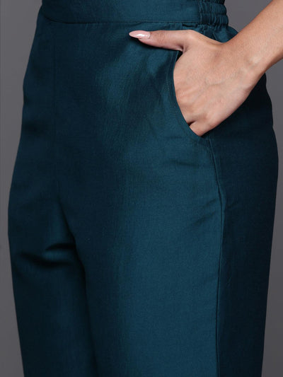 Teal Yoke Design Silk Blend Straight Kurta With Trousers & Dupatta - Libas