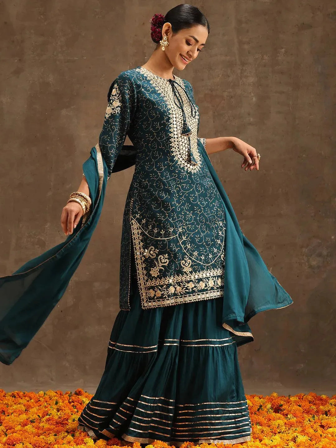 Teal Yoke Design Silk Blend Suit Set With Sharara - Libas 