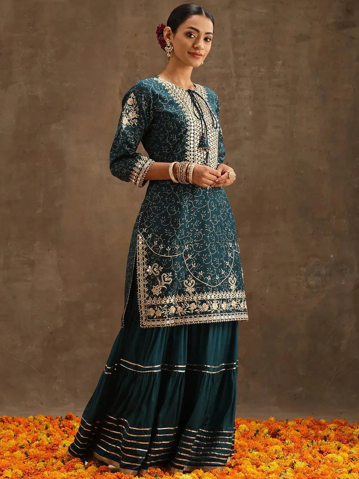 Teal Yoke Design Silk Blend Suit Set With Sharara - Libas