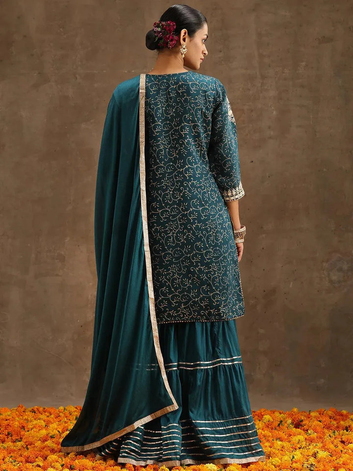 Teal Yoke Design Silk Blend Suit Set With Sharara - Libas